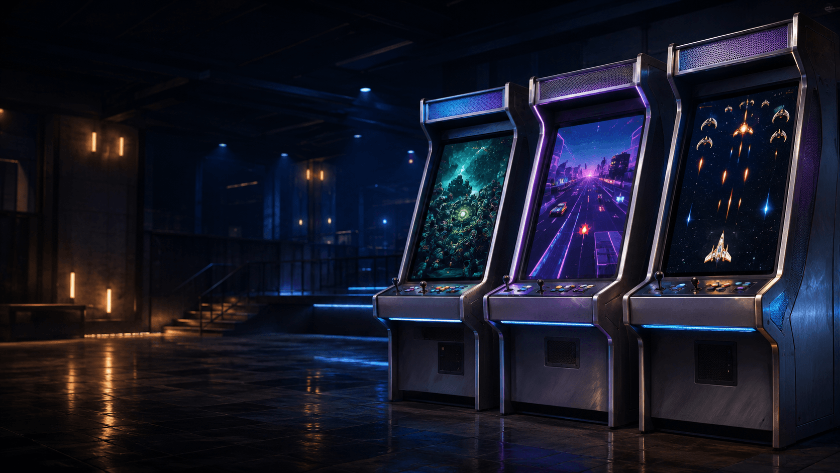 Illuminated cabinets in the Pink Slip Arcade